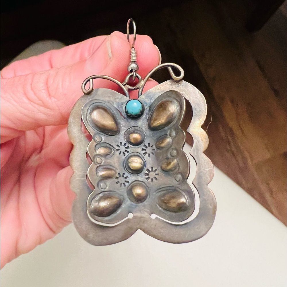 Beautiful vintage sterling, turquoise Native American butterfly earrings